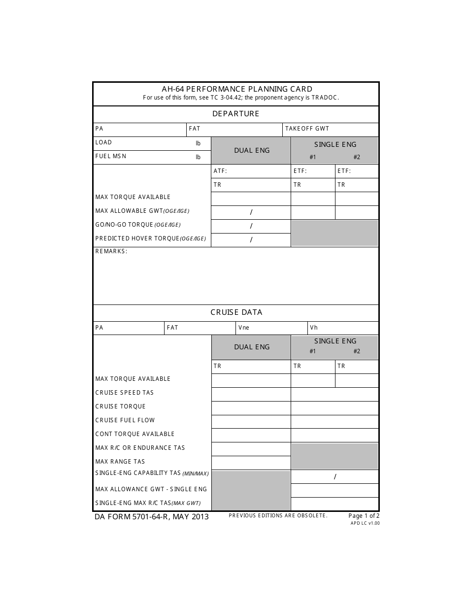 DA Form 5701-64-R Ah-64 Performance Planning Card, Page 1