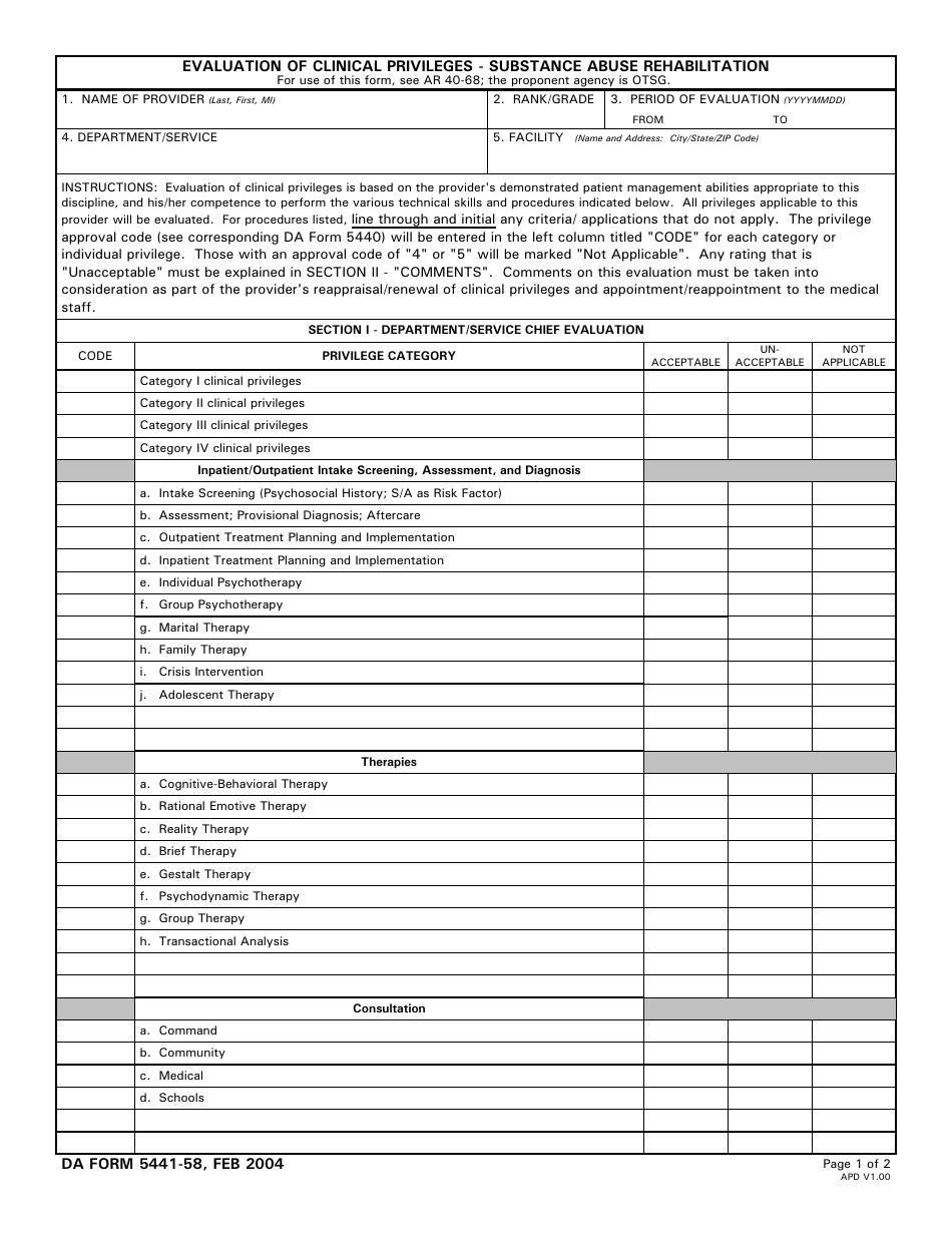 DA Form 5441-58 Evaluation of Clinical Privileges - Substance Abuse Rehabilitation, Page 1