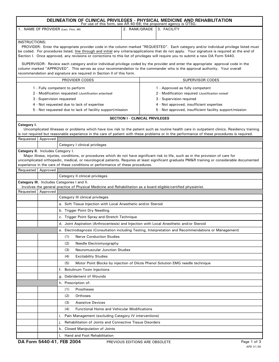 DA Form 5440-41 Delineation of Clinical Privileges - Physical Medicine and Rehabilitation, Page 1