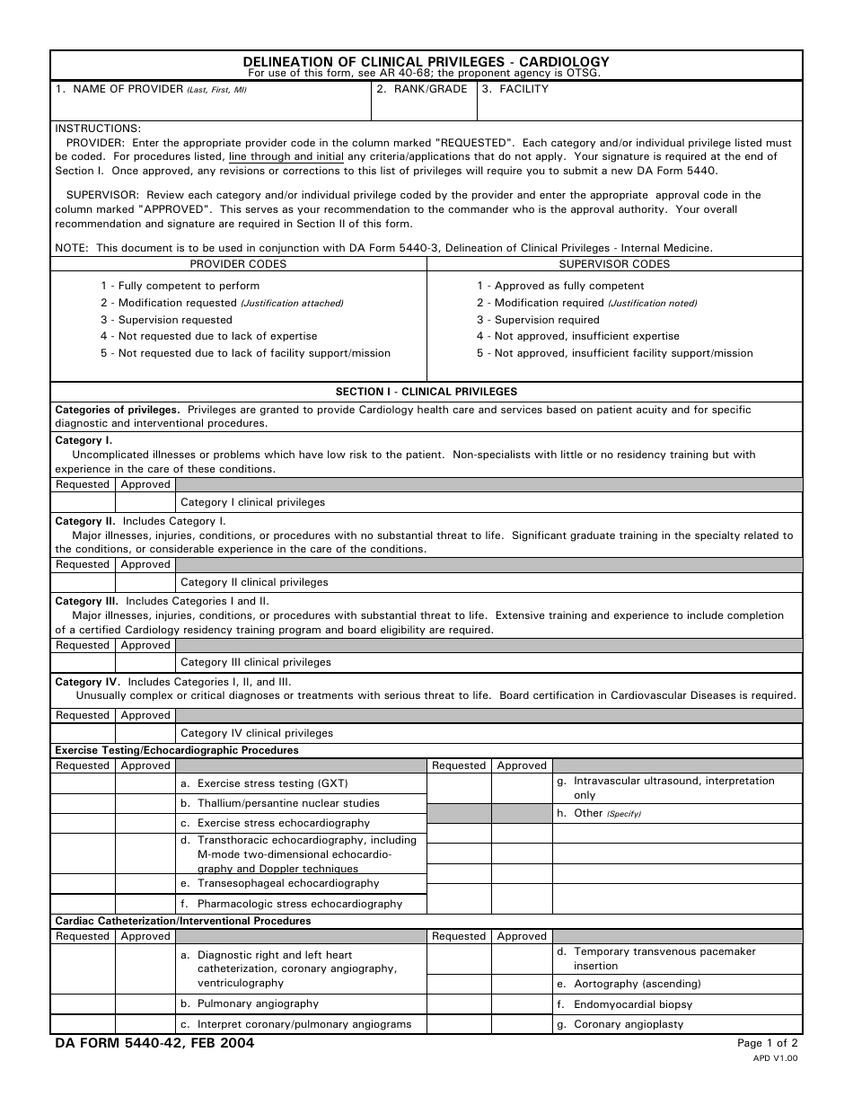 DA Form 5440-42 Delineation of Clinical Privileges - Cardiology, Page 1