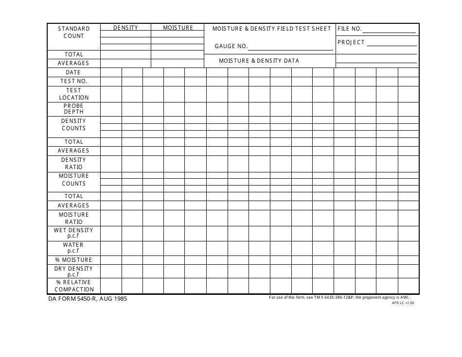 DA Form 5450-R Moisture and Density Field Test Sheet, Page 1