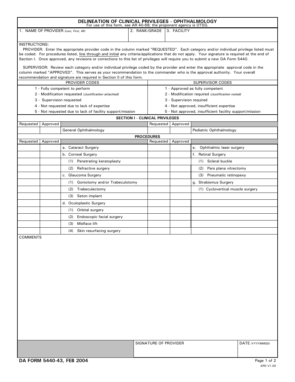 DA Form 5440-43 Delineation of Clinical Privileges - Ophthalmology, Page 1