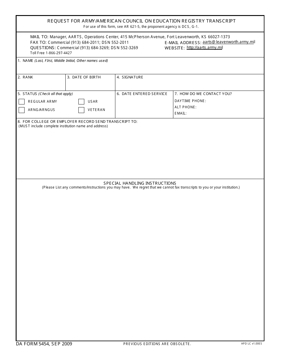 DA Form 5454 Request for Army / American Council on Education Registry Transcript, Page 1