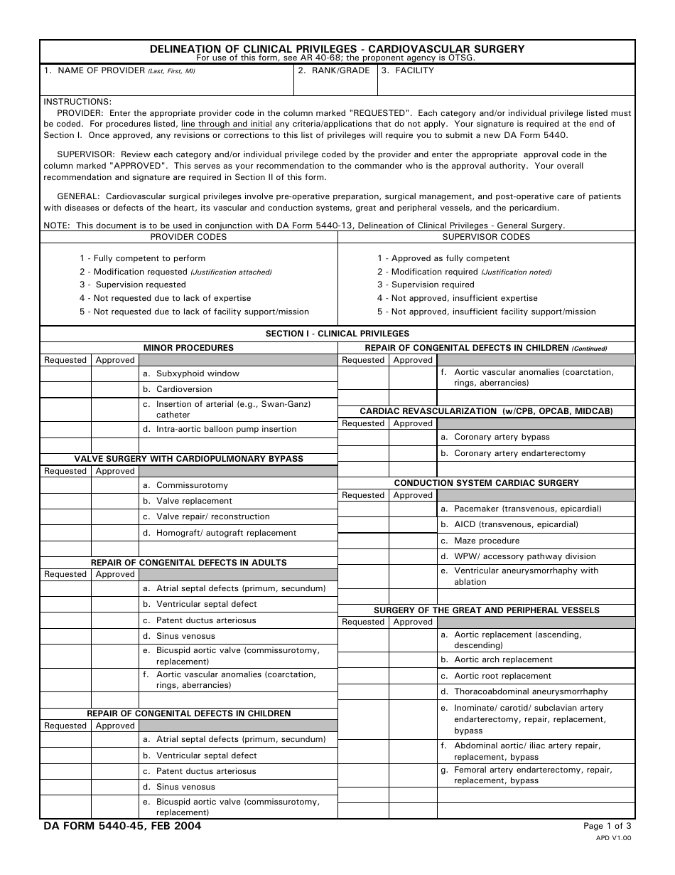 DA Form 5440-45 Delineation of Clinical Privileges - Cardiovascular Surgery, Page 1