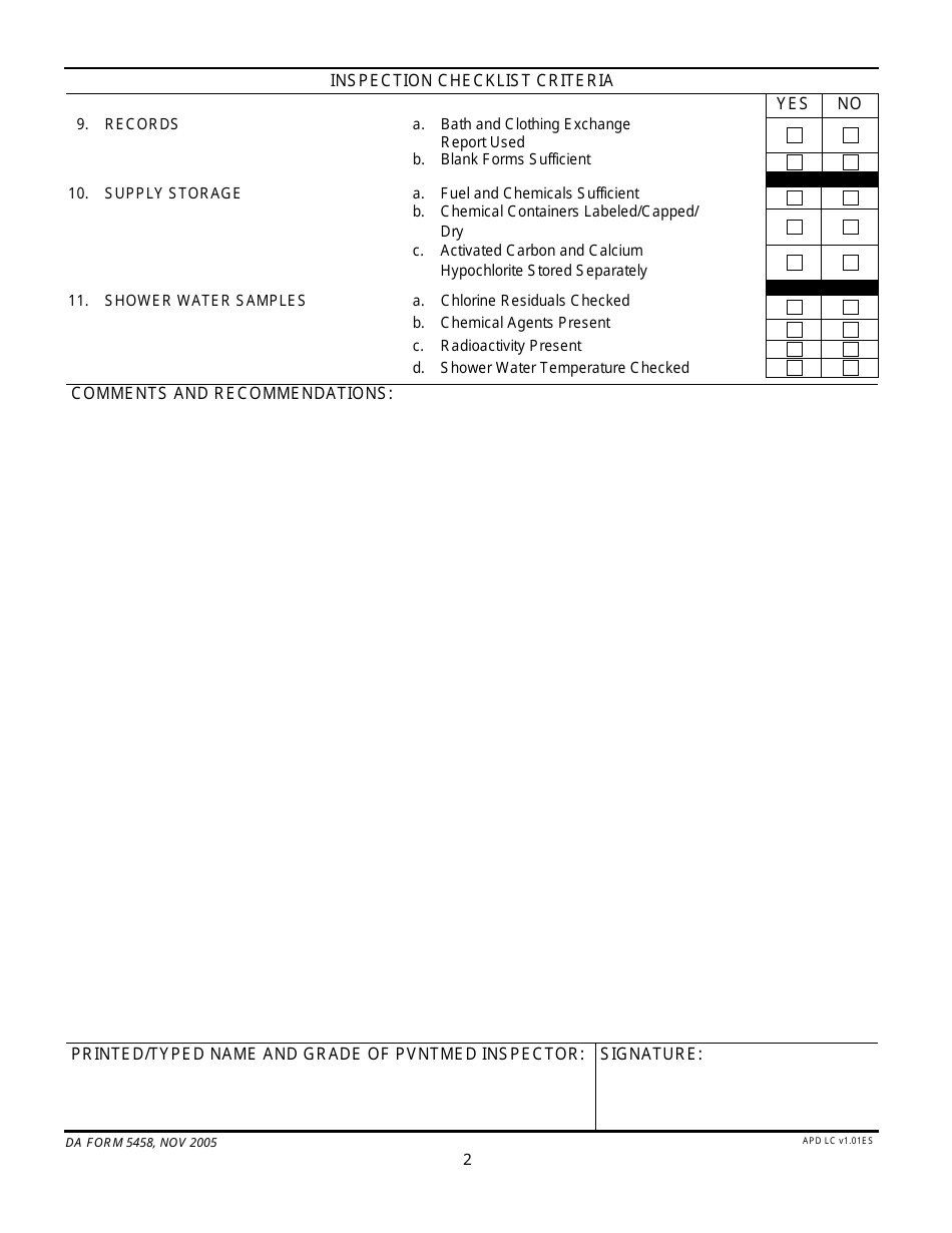 DA Form 5458 Shower / Decontamination Point Inspection, Page 2