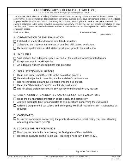 DA Form 7441 Coordinator's Checklist - (Table VIII)