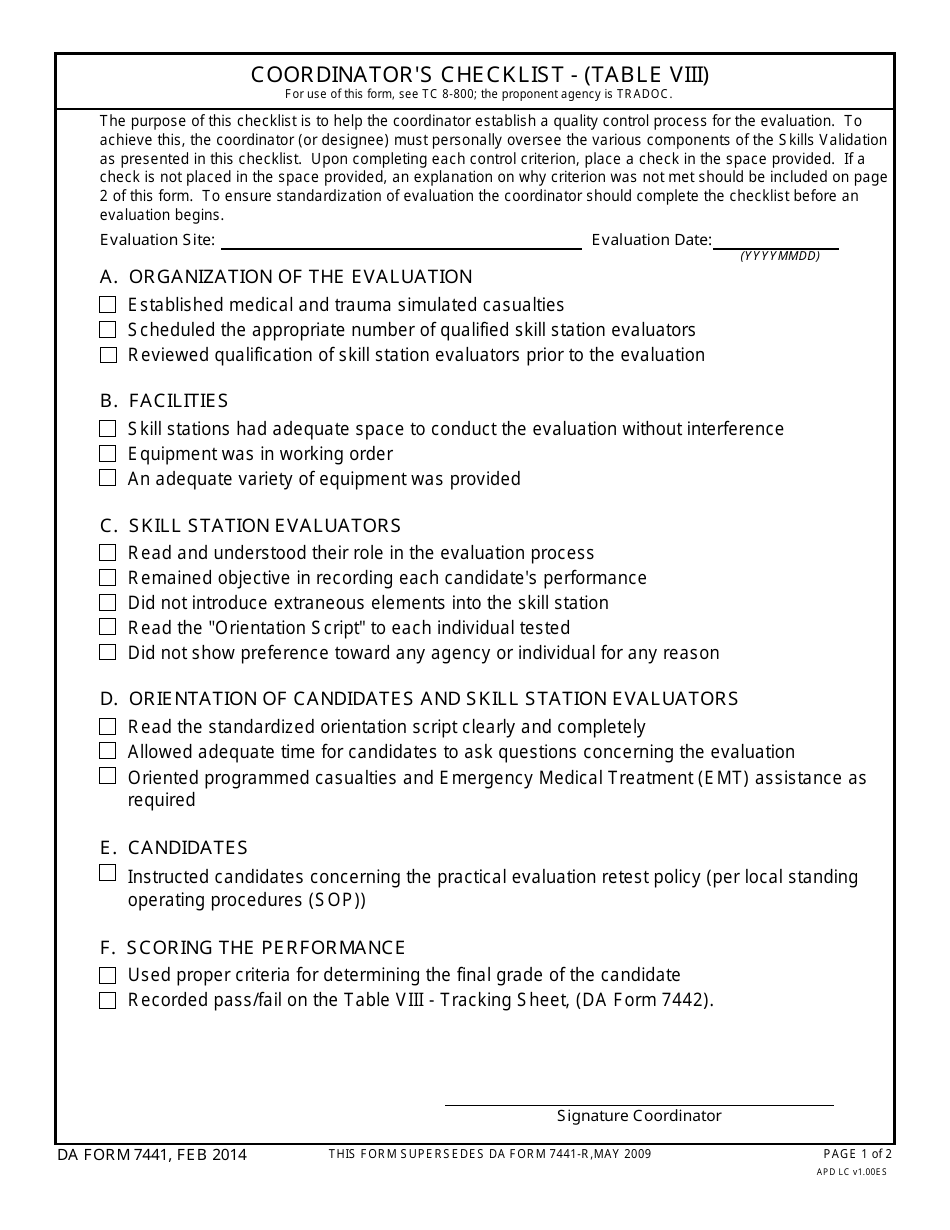 DA Form 7441 Coordinators Checklist - (Table VIII), Page 1