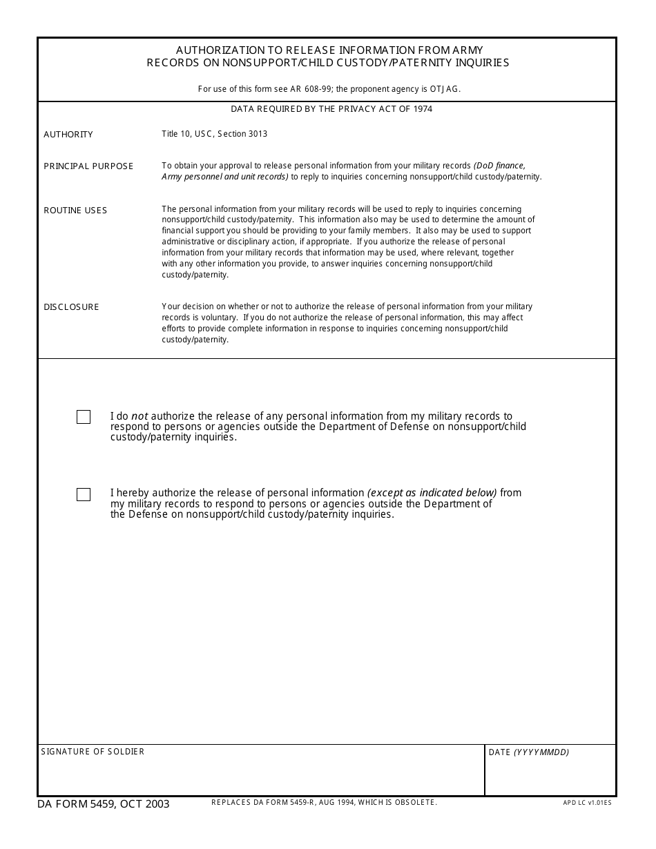 DA Form 5459 Authorization to Release Information From Army Records on Nonsupport / Child Custody / Paternity Inquiries, Page 1