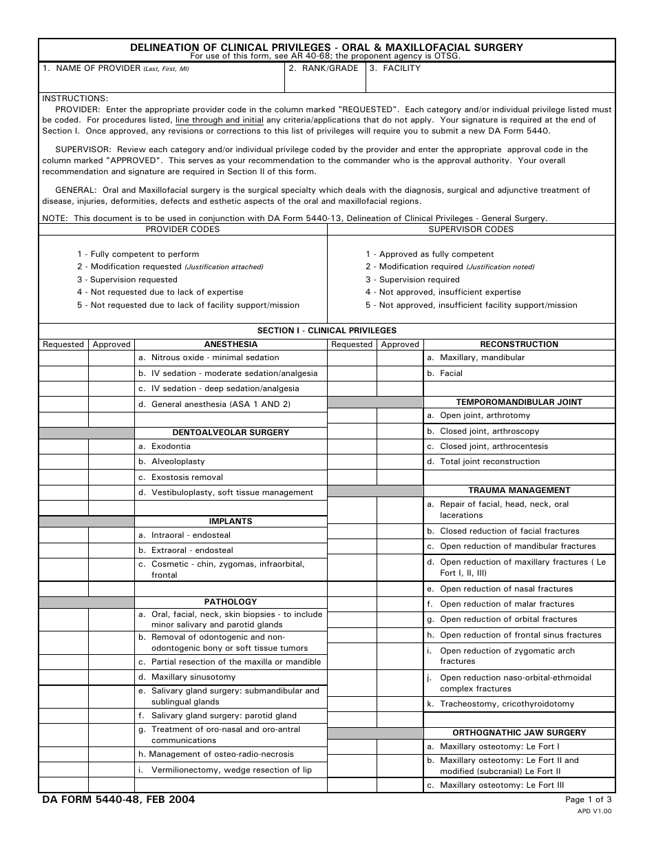 DA Form 5440-48 Delineation of Clinical Privileges - Oral  Maxillofacial Surgery, Page 1