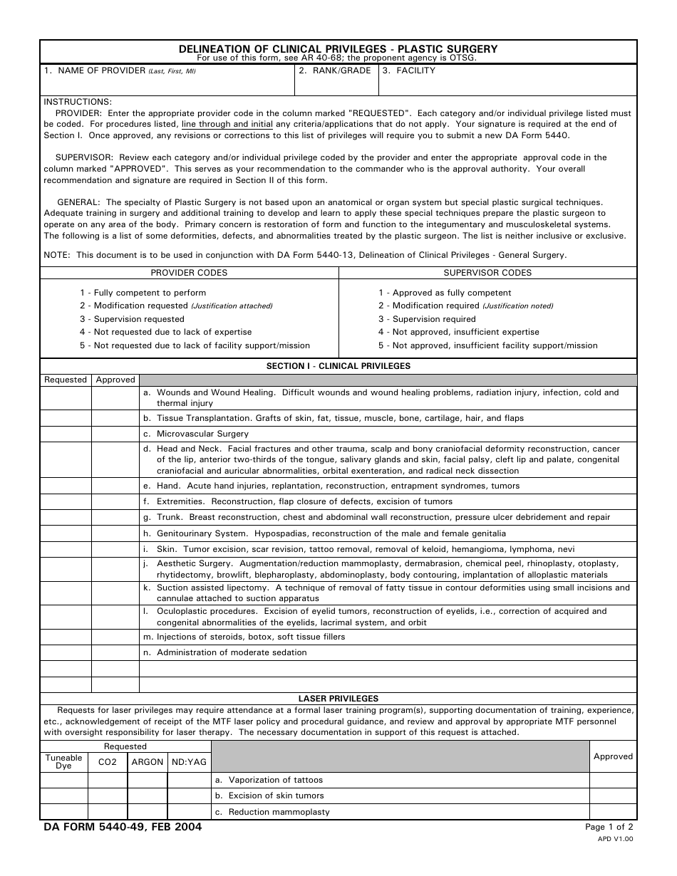 DA Form 5440-49 Delineation of Clinical Privileges - Plastic Surgery, Page 1