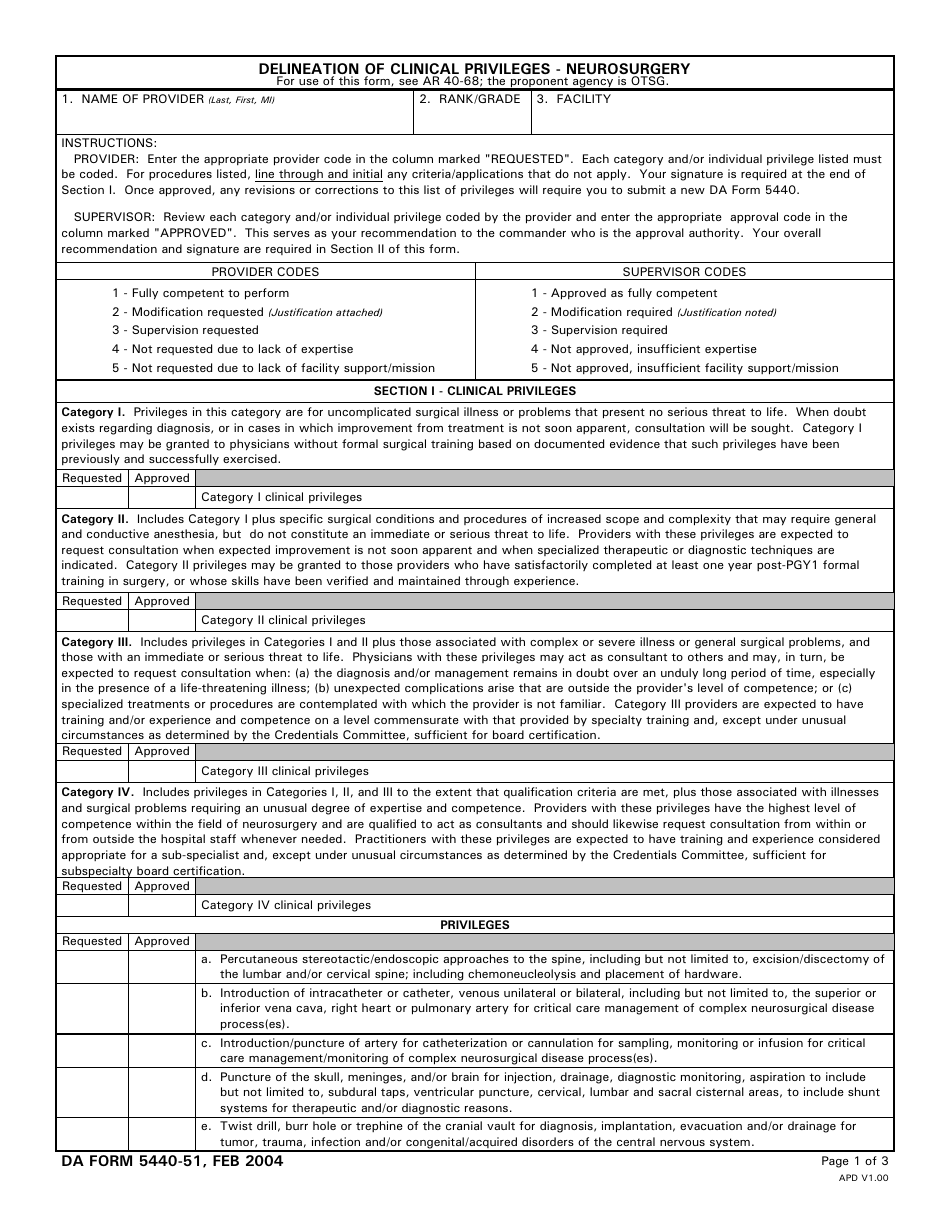 DA Form 5440-51 Delineation of Clinical Privileges - Neurosurgery, Page 1