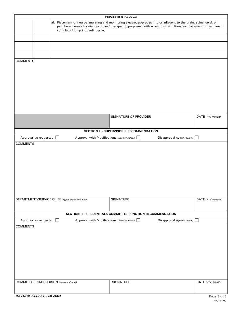 DA Form 5440-51 Delineation of Clinical Privileges - Neurosurgery, Page 3