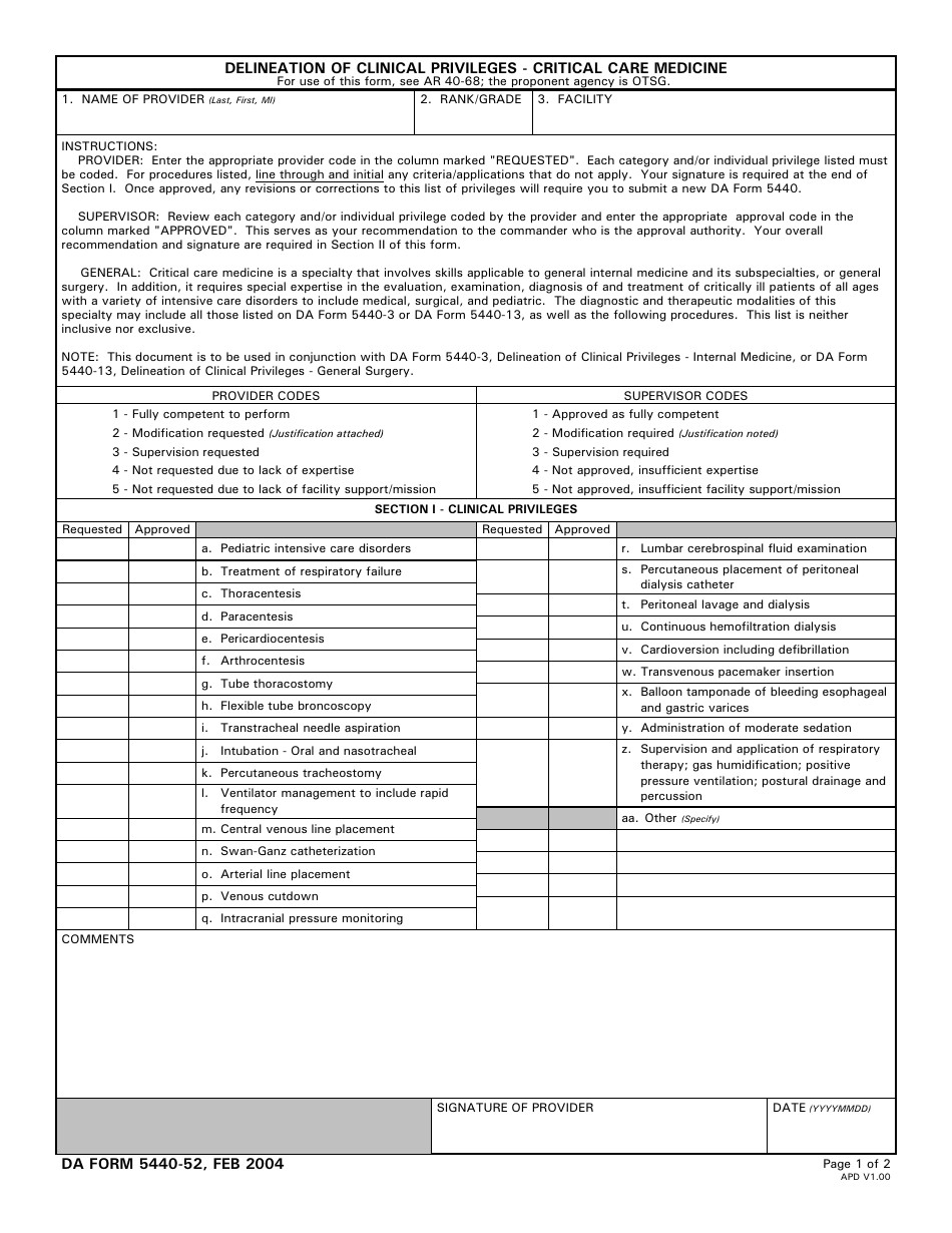 DA Form 5440-52 Delineation of Clinical Privileges - Critical Care Medicine, Page 1