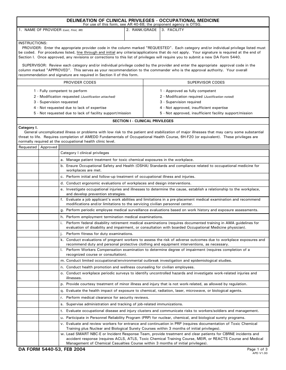 DA Form 5440-53 Delineation of Clinical Privileges - Occupational Medicine, Page 1