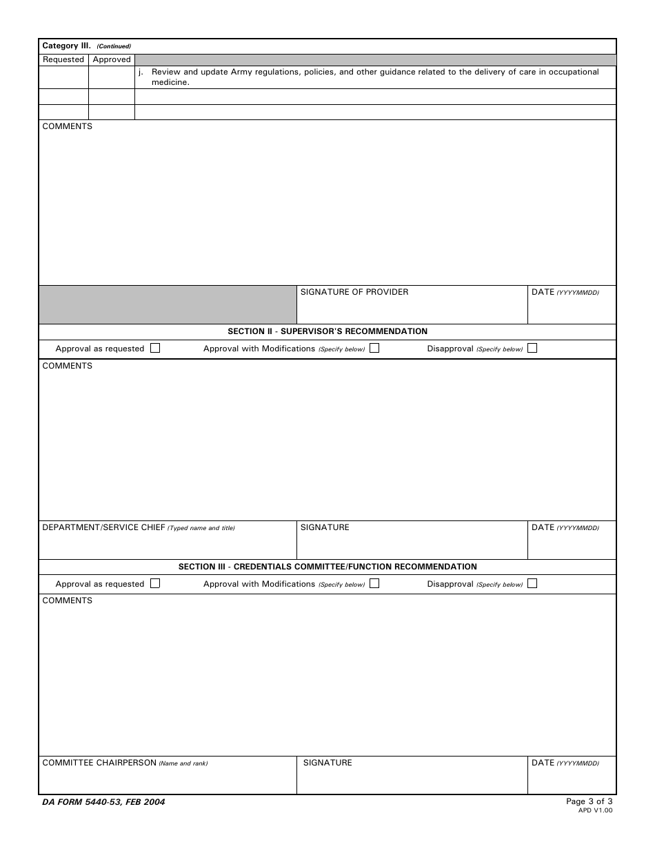 DA Form 5440-53 Delineation of Clinical Privileges - Occupational Medicine, Page 3