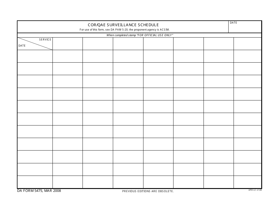 DA Form 5475 Cor / Qae Surveillance Schedule, Page 1