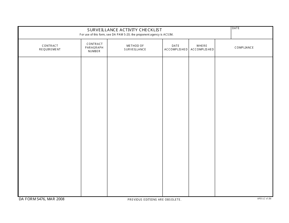 DA Form 5476 Surveillance Activity Checklist, Page 1