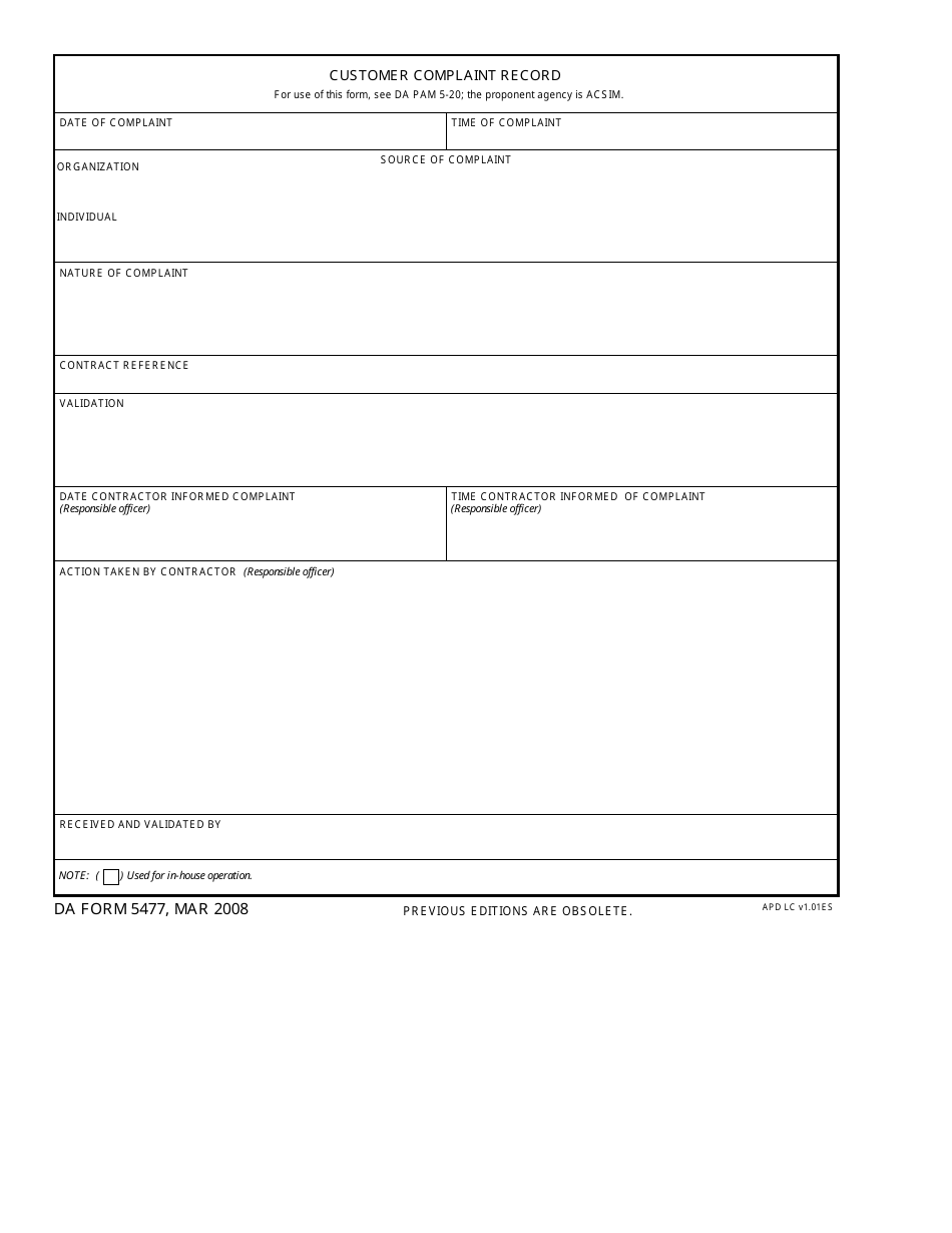 DA Form 5477 Customer Complaint Record, Page 1