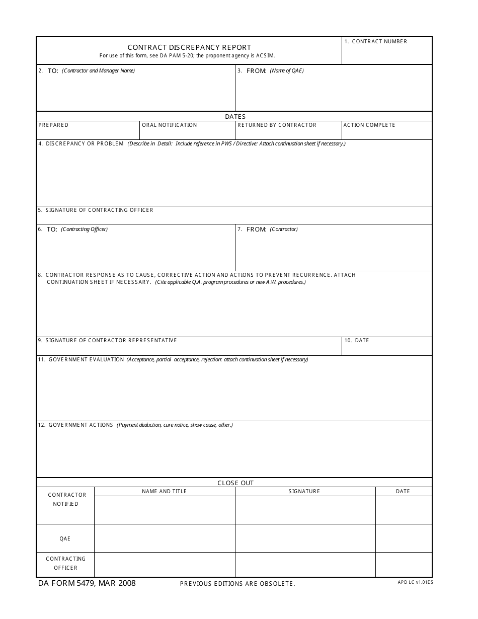 DA Form 5479 Contract Discrepancy Report, Page 1
