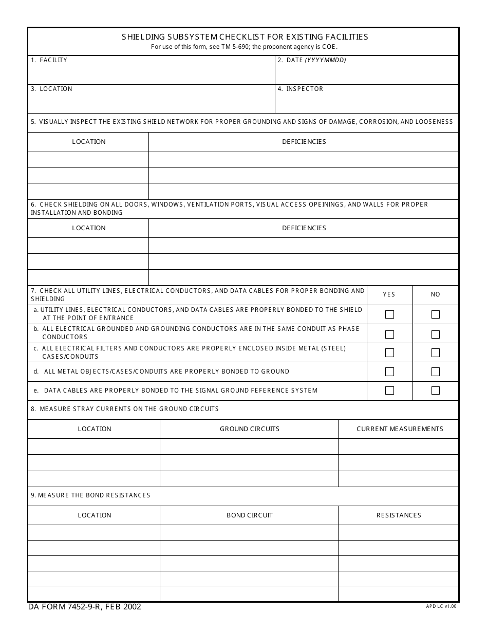 DA Form 7452-9-R Shielding Subsystem Checklist for Existing Facilities (LRA), Page 1
