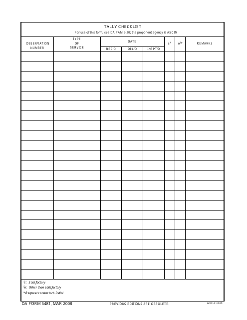 DA Form 5481 Tally Checklist