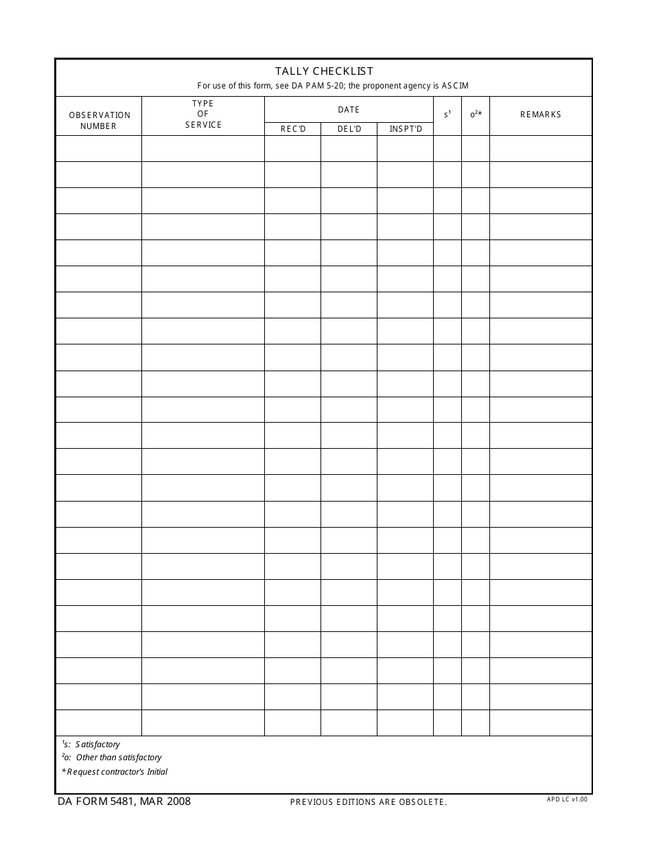 DA Form 5481 Tally Checklist, Page 1
