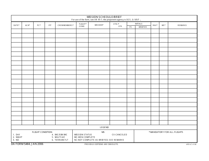 DA Form 5484 Mission Schedule/Brief