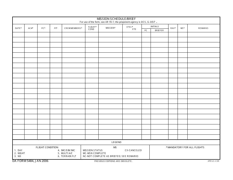 DA Form 5484 Mission Schedule / Brief, Page 1