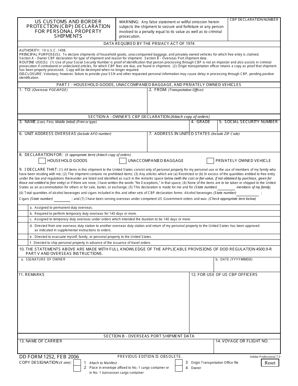 DD Form 1252 U.S. Customs and Border Protection (CBP) Declaration for Personal Property Shipments, Page 1