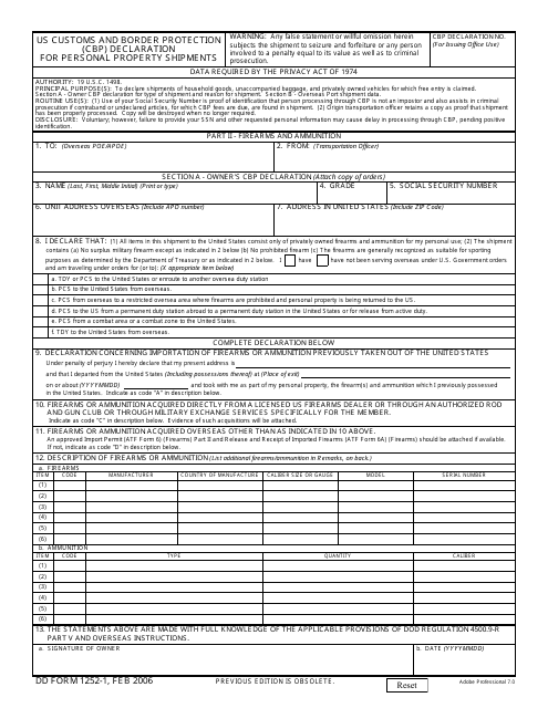 DD Form 1252-1 U.S. Customs and Border Protection (CBP) Declaration for Personal Property Shipments