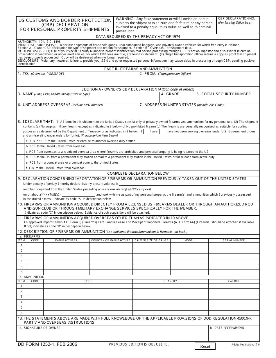 DD Form 1252-1 U.S. Customs and Border Protection (CBP) Declaration for Personal Property Shipments, Page 1