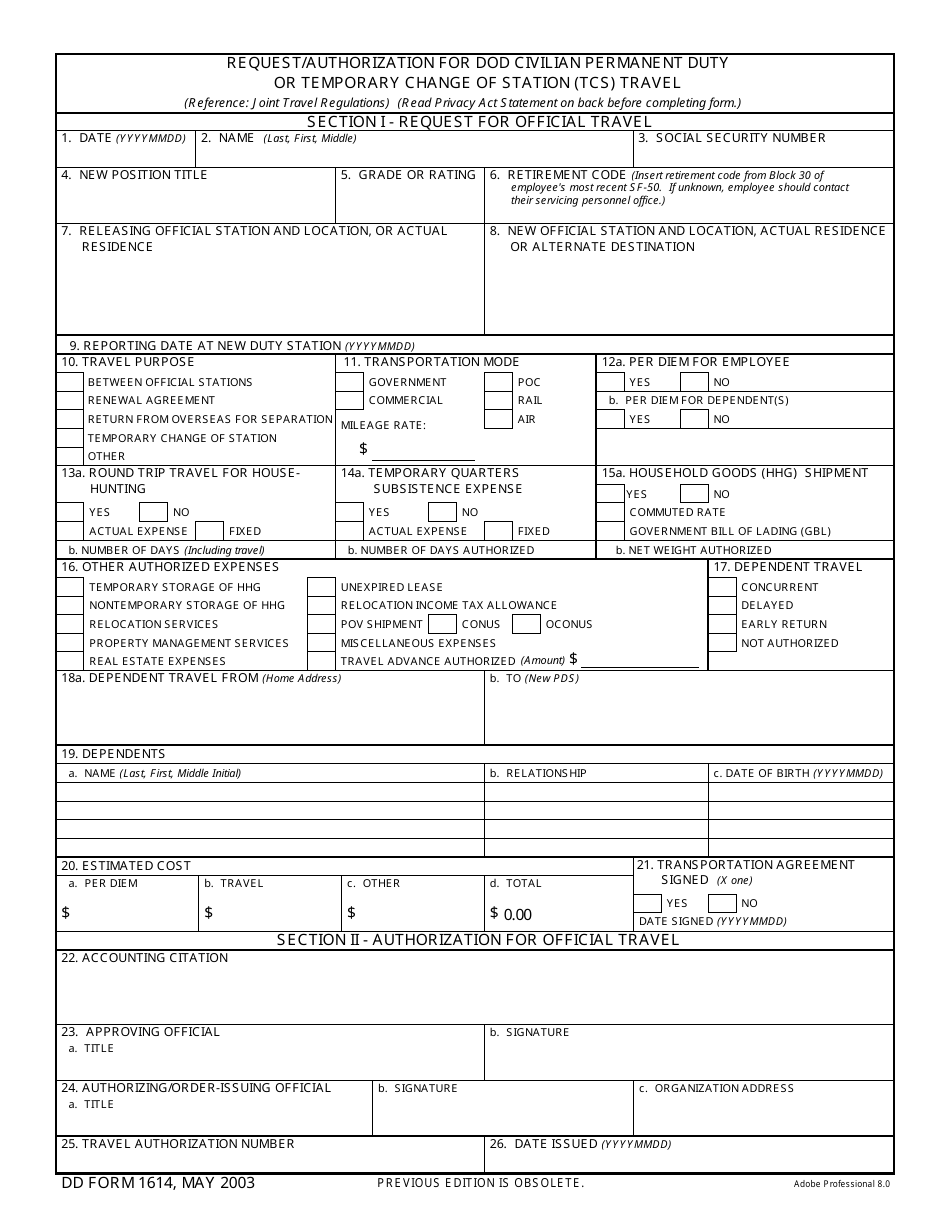 DD Form 1614 Request / Authorization for DoD Civilian Permanent Duty or Temporary Change of Station (Tcs) Travel, Page 1