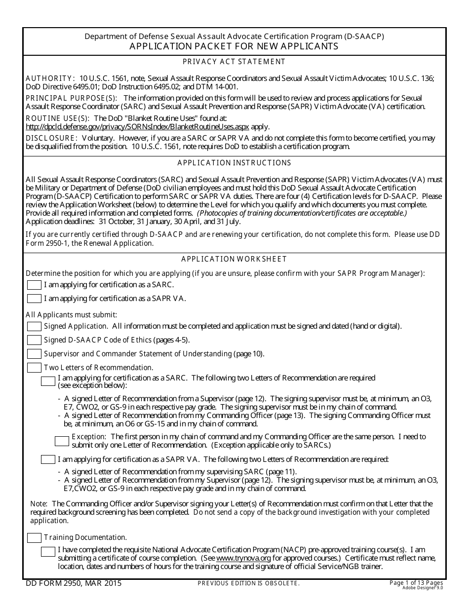 DD Form 2950 Sexual Assault Advocate Certification Program (D-Saacp) for New Applicants, Page 1