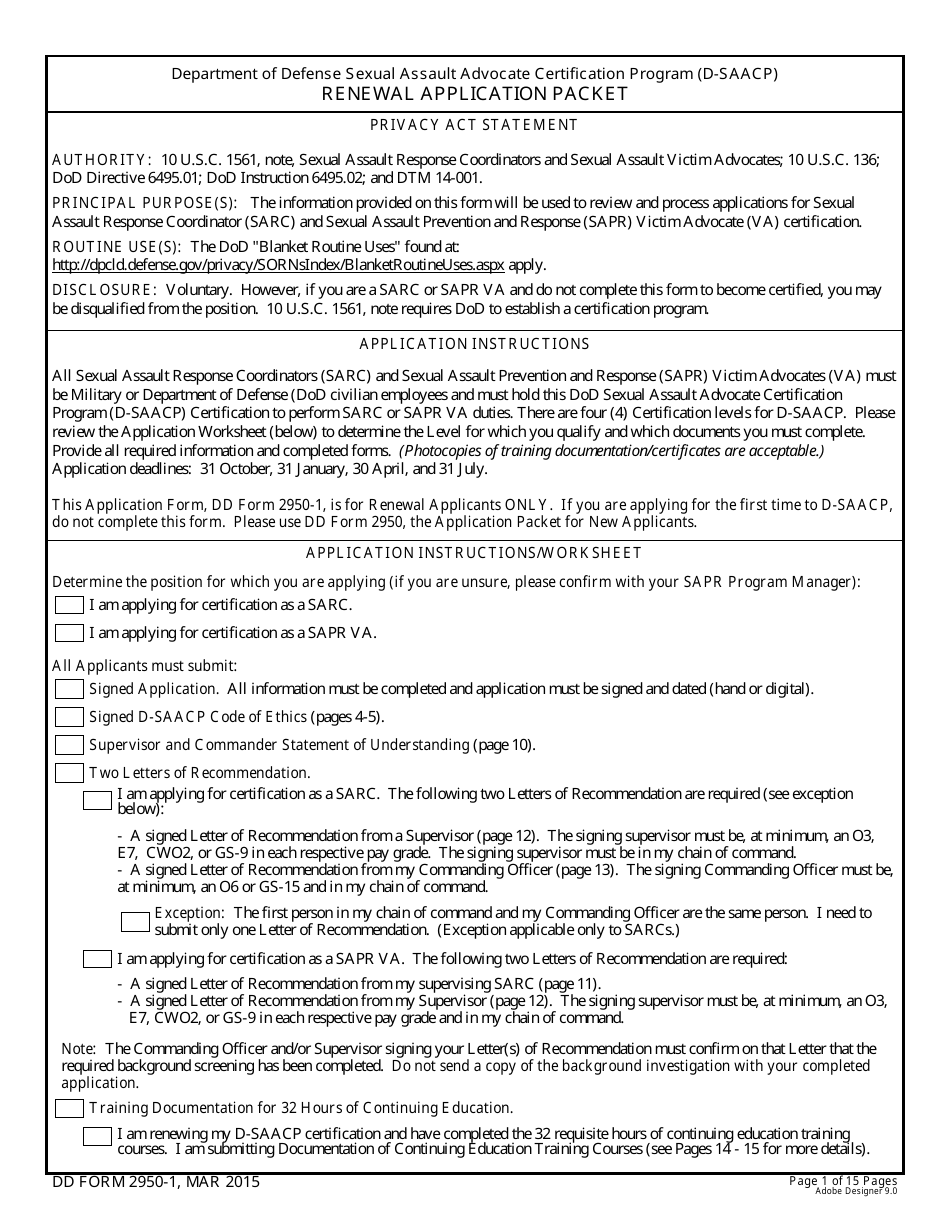 DD Form 2950-1 Sexual Assault Advocate Certification Program (D-Saacp) - Renewal Applicantion Packet, Page 1
