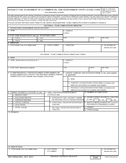 DD Form 2051 Request for Assignment of a Commercial and Government Entity (Cage) Code