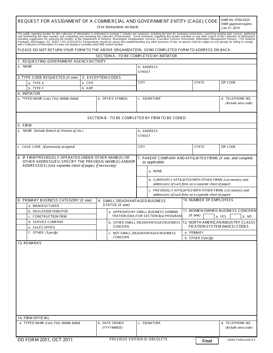 DD Form 2051 Request for Assignment of a Commercial and Government Entity (Cage) Code, Page 1
