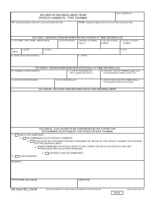 DD Form 785 Record of Disenrollment From Officer Candidate - Type Training