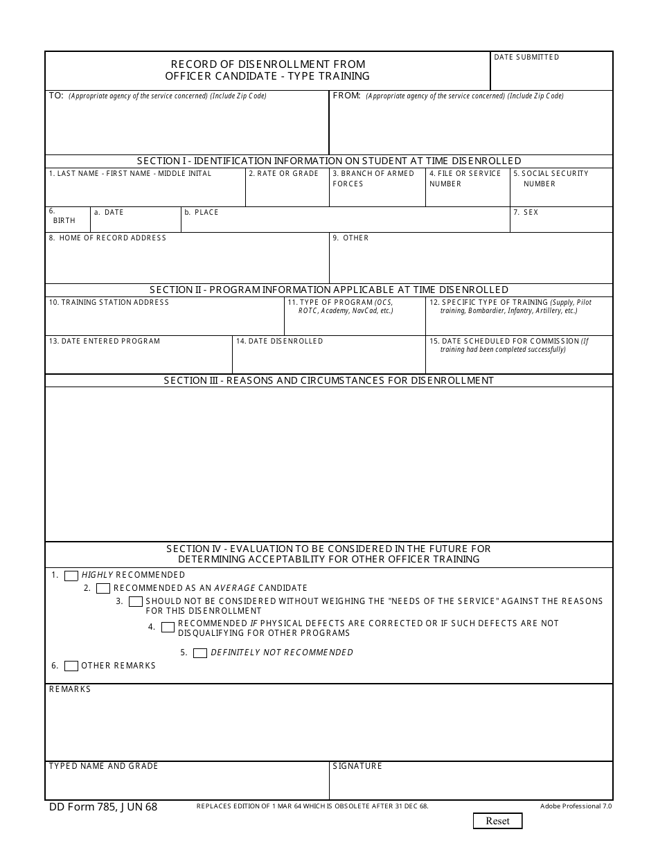 DD Form 785 Record of Disenrollment From Officer Candidate - Type Training, Page 1