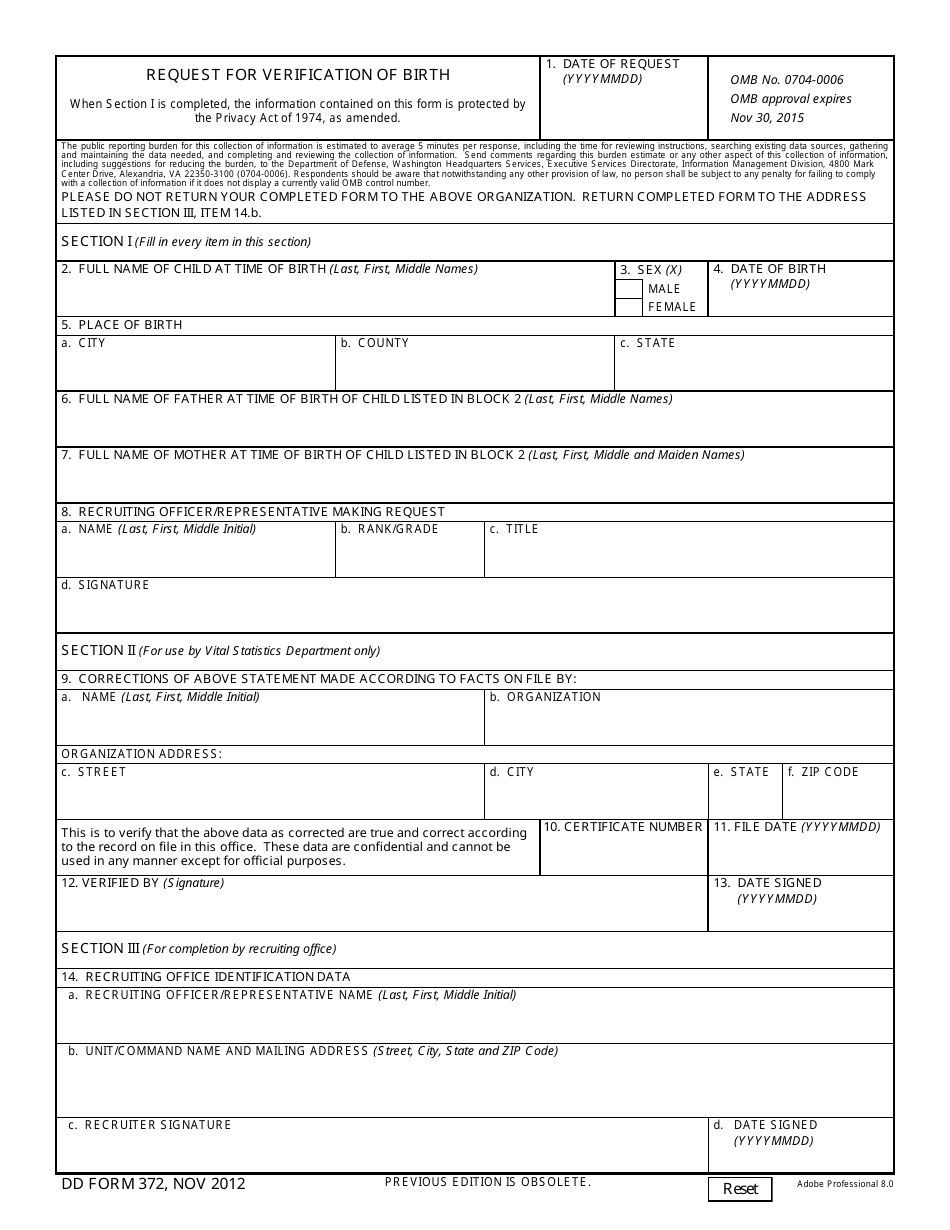 DD Form 372 Request for Verification of Birth, Page 1
