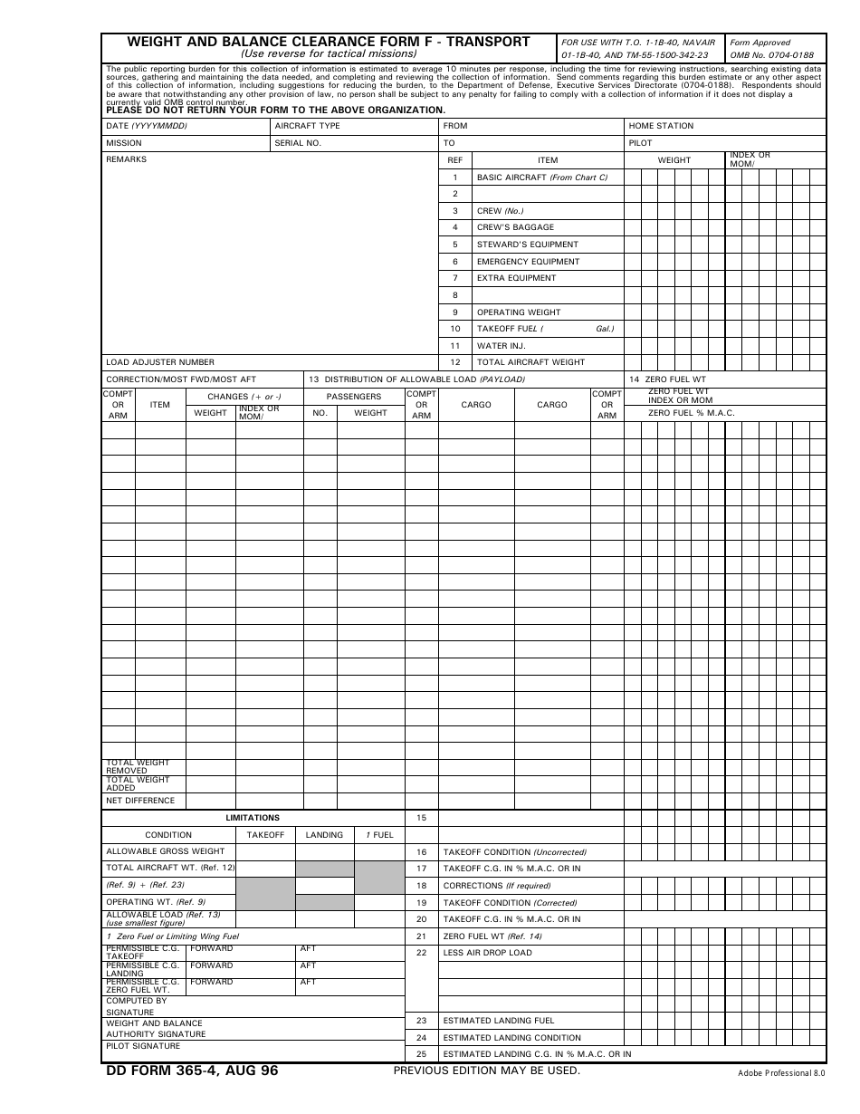 DD Form 365-4 Weight and Balance Clearance Form F - Transport, Page 1