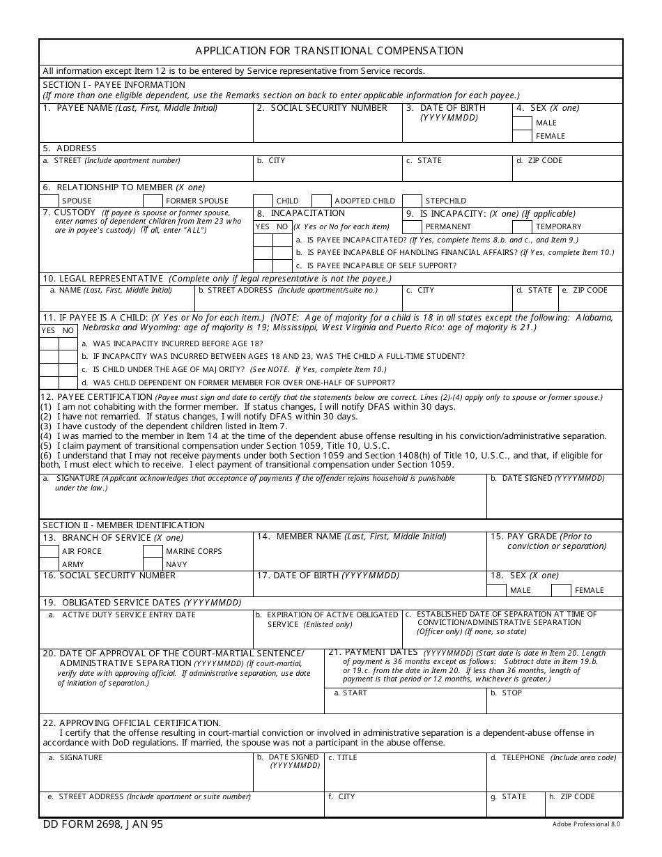 DD Form 2698 Application for Transitional Compensation, Page 1