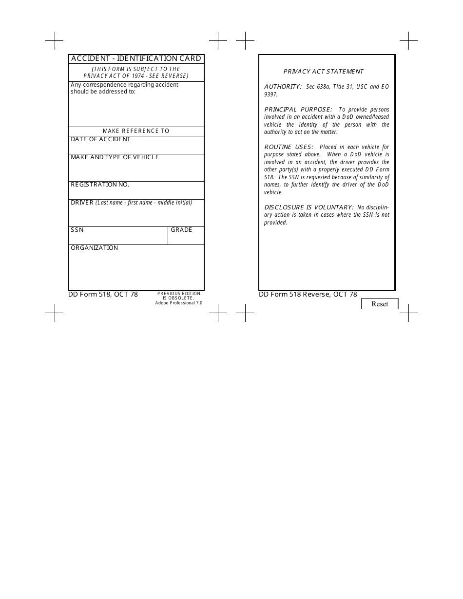 DD Form 518 Accident - Identification Card, Page 1
