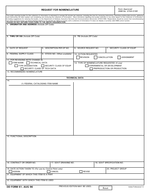 DD Form 61 Request for Nomenclature