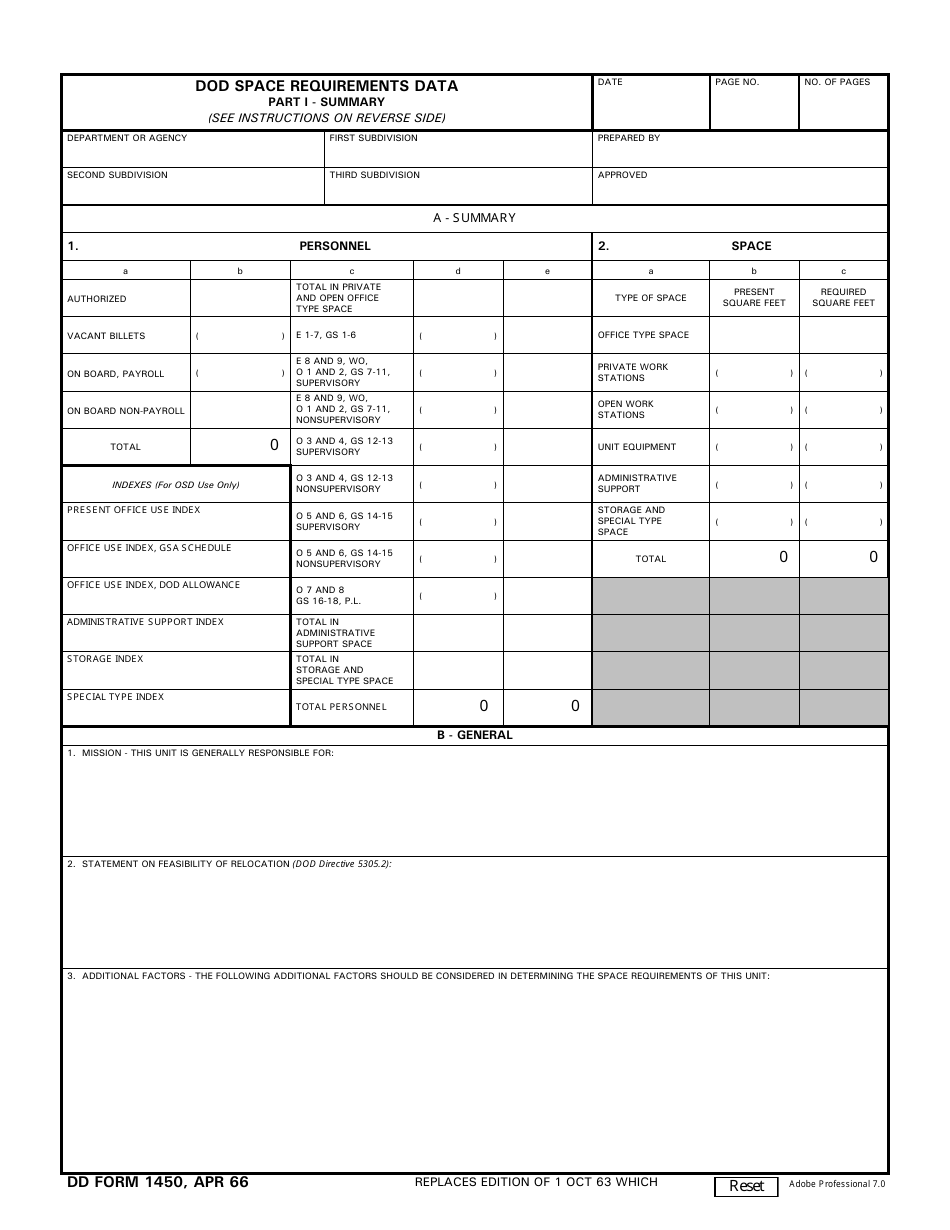 DD Form 1450 DoD Space Requirements Data, Page 1