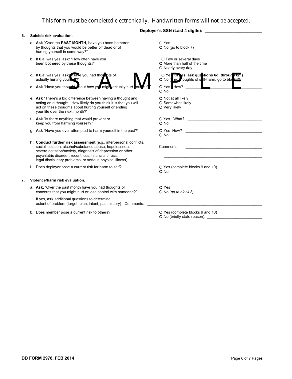DD Form 2978 Deployment Mental Health Assessment, Page 6