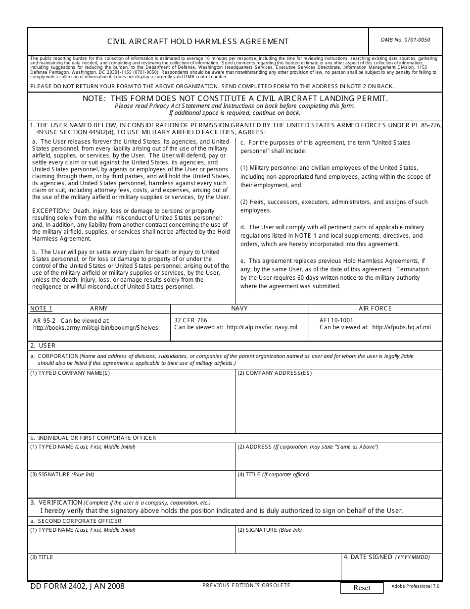 DD Form 2402 Civil Aircraft Hold Harmless Agreement, Page 1