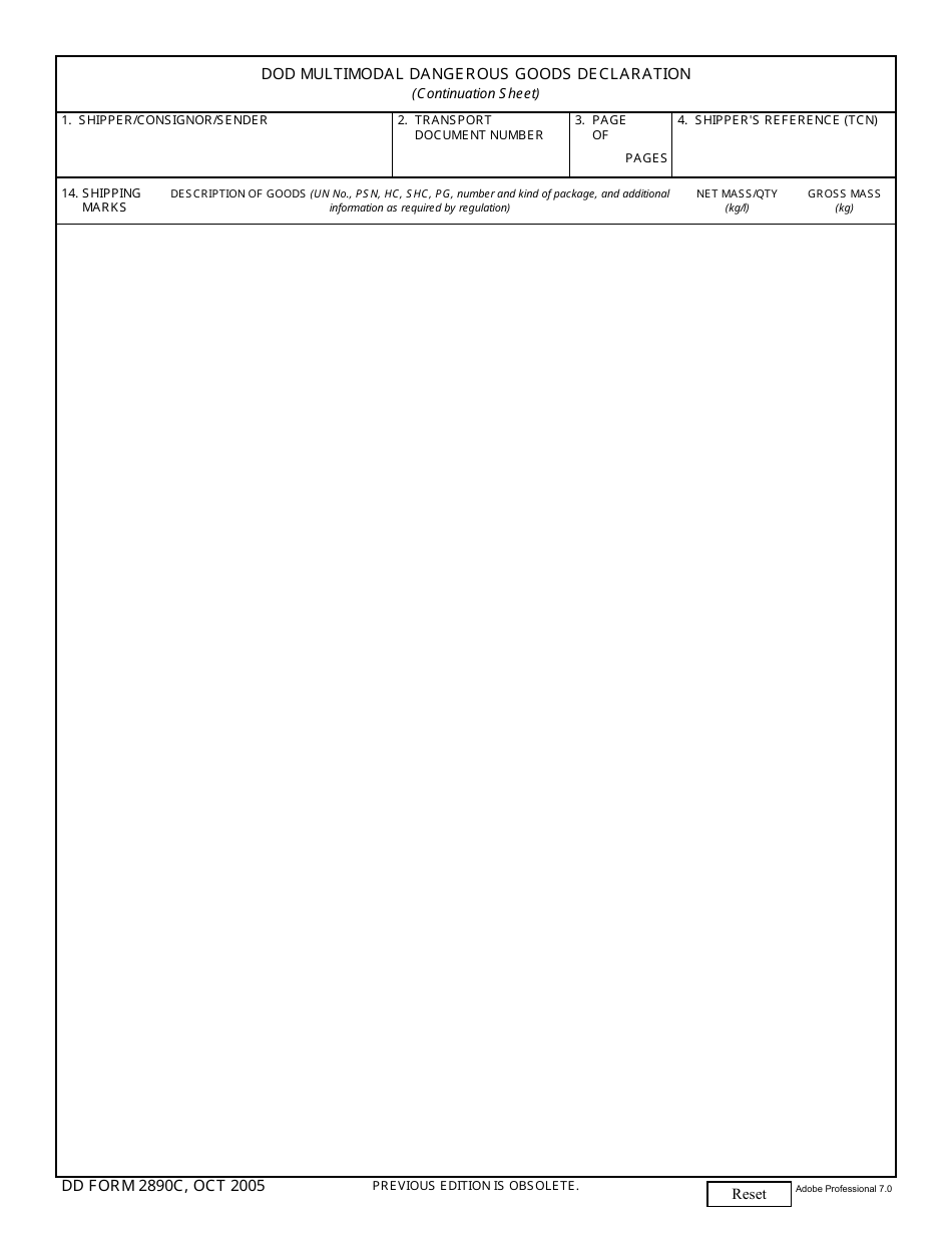 DD Form 2890C DoD Multimodal Dangerous Goods Declaration (Continuation Sheet), Page 1