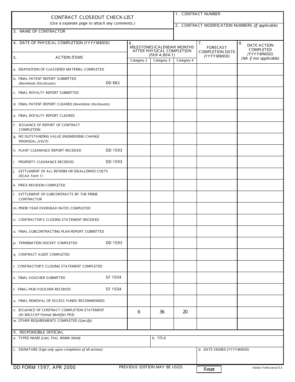 DD Form 1597 Contract Closeout Check-List, Page 1