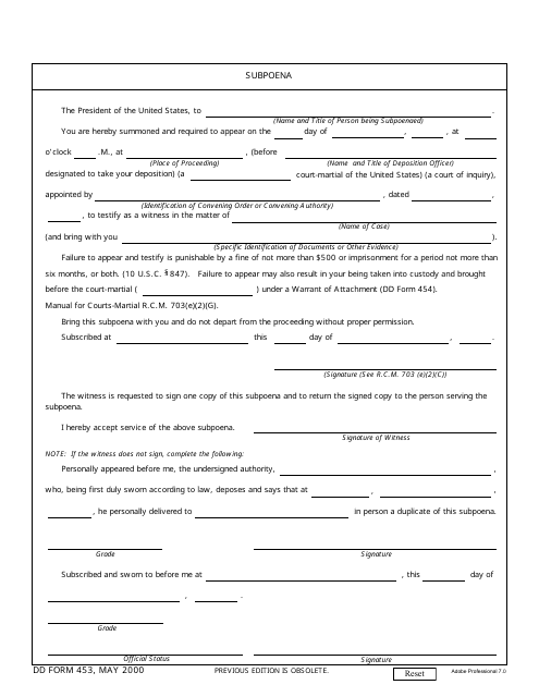 DD Form 453  Printable Pdf