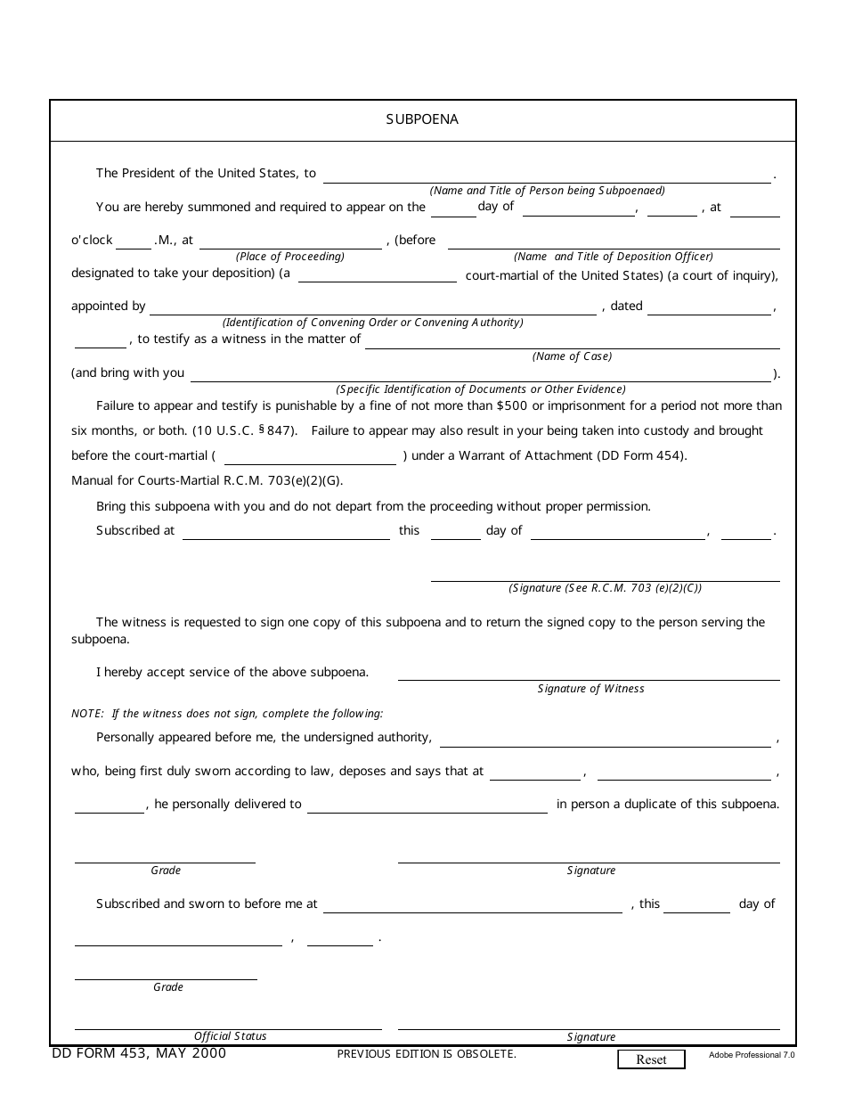 Dd Form 453 - Fill Out, Sign Online And Download Fillable Pdf 